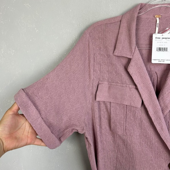 Free People size L mini wrap dress purple short sleeve cotton linen blend NEW - Picture 5 of 14